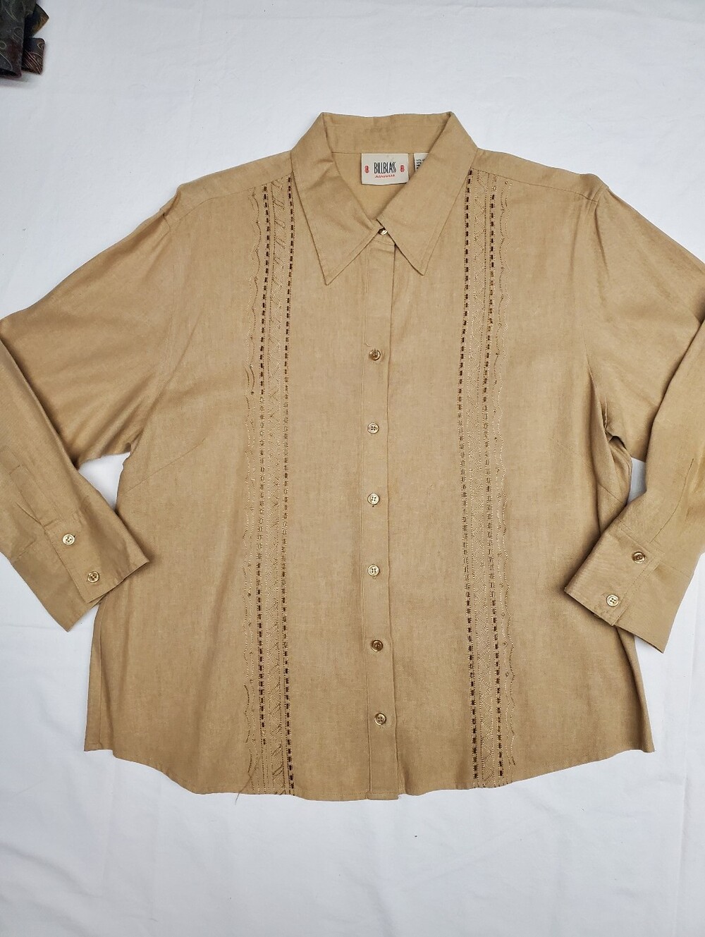 Bill Blass Jeanswear XL Tan Linen Blend Button Down Beaded Embroidered Trim